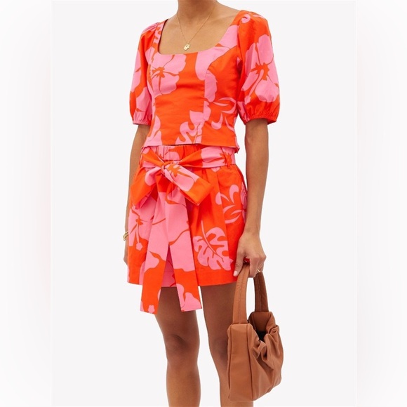 STAUD Sage Hibiscus-Print Cotton-Blend Poplin Shorts Size 2 - Picture 2 of 9